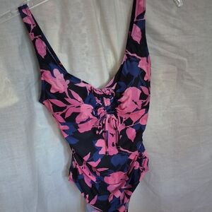 Aqua Green label, WOMEN'S  One-Piece Swimsuit - Pink floral with blue background